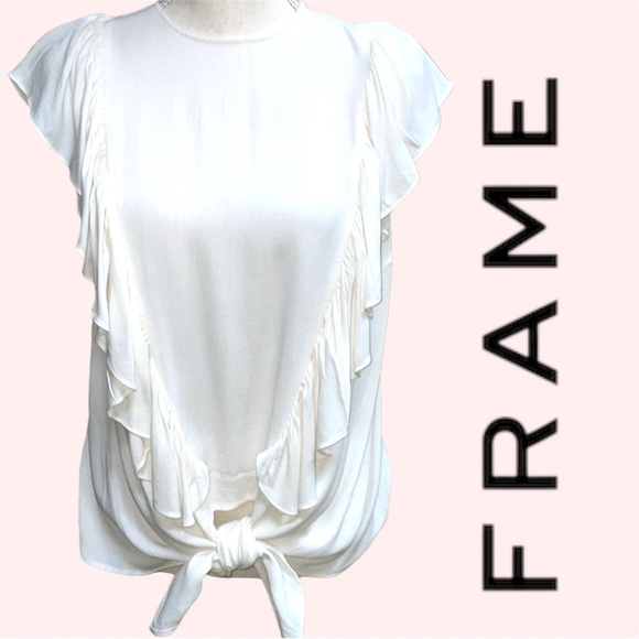 Frame Flutter Ruffled Tie Front Button Back Top Ivory Off White Cap Sleeve - Picture 14 of 14